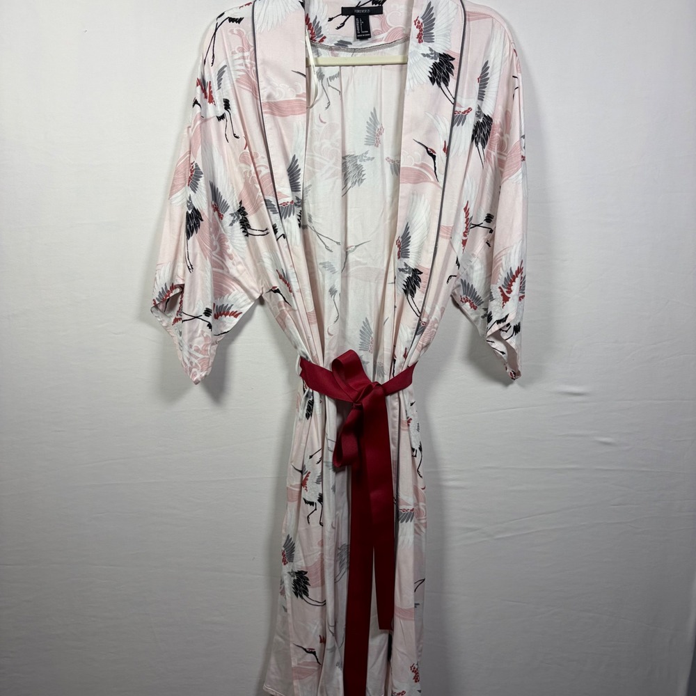 Forever 21 Robe Crane Bird Print Kimono Style Loungewear Soft Girl Womens L